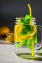 A close-up vertical high contrast photo of a mug filled with water, sliced Ã¢â¬â¹Ã¢â¬â¹lemon and mint leaves with yellow straw Royalty Free Stock Photo